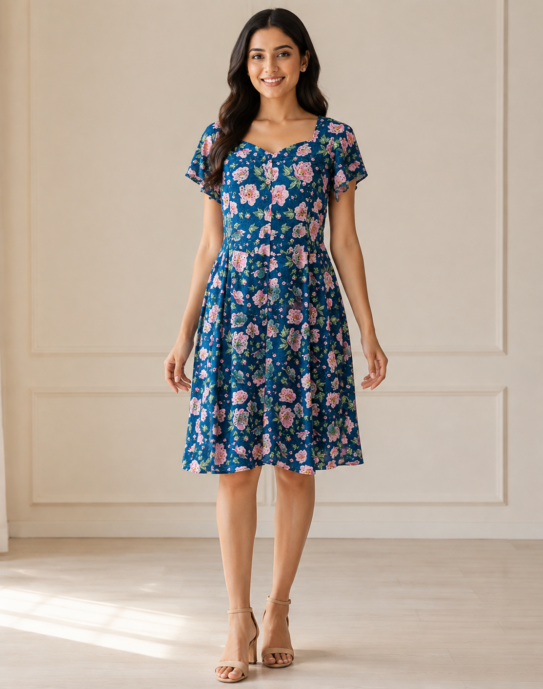Teal Blue Pink Floral Print A-Line Hakoba Embroidery Dress for Women