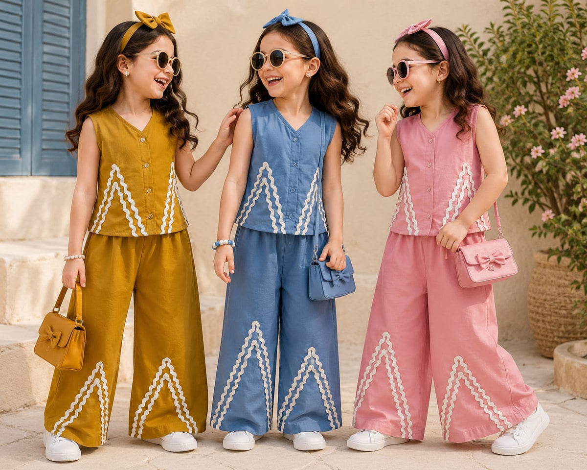 Blue Wave Detail Wide-Leg Co-ord Set for Girls