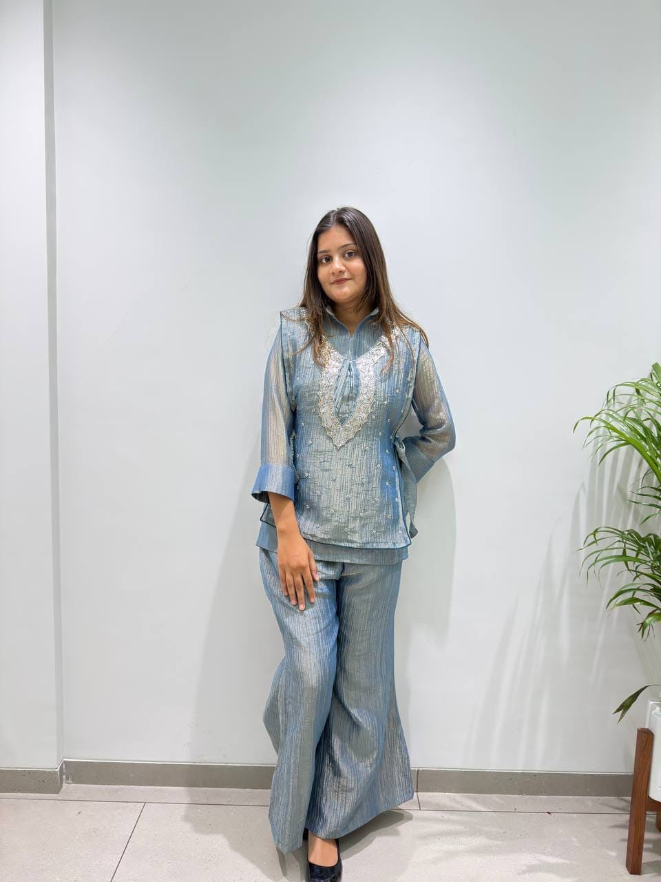 Textured Shimmer Co-Ord Set with Embroidered Vest