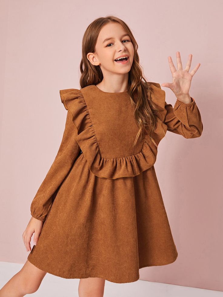 Girls' Ruffle Trim Brown brown color Long Sleeve A-Line Dress