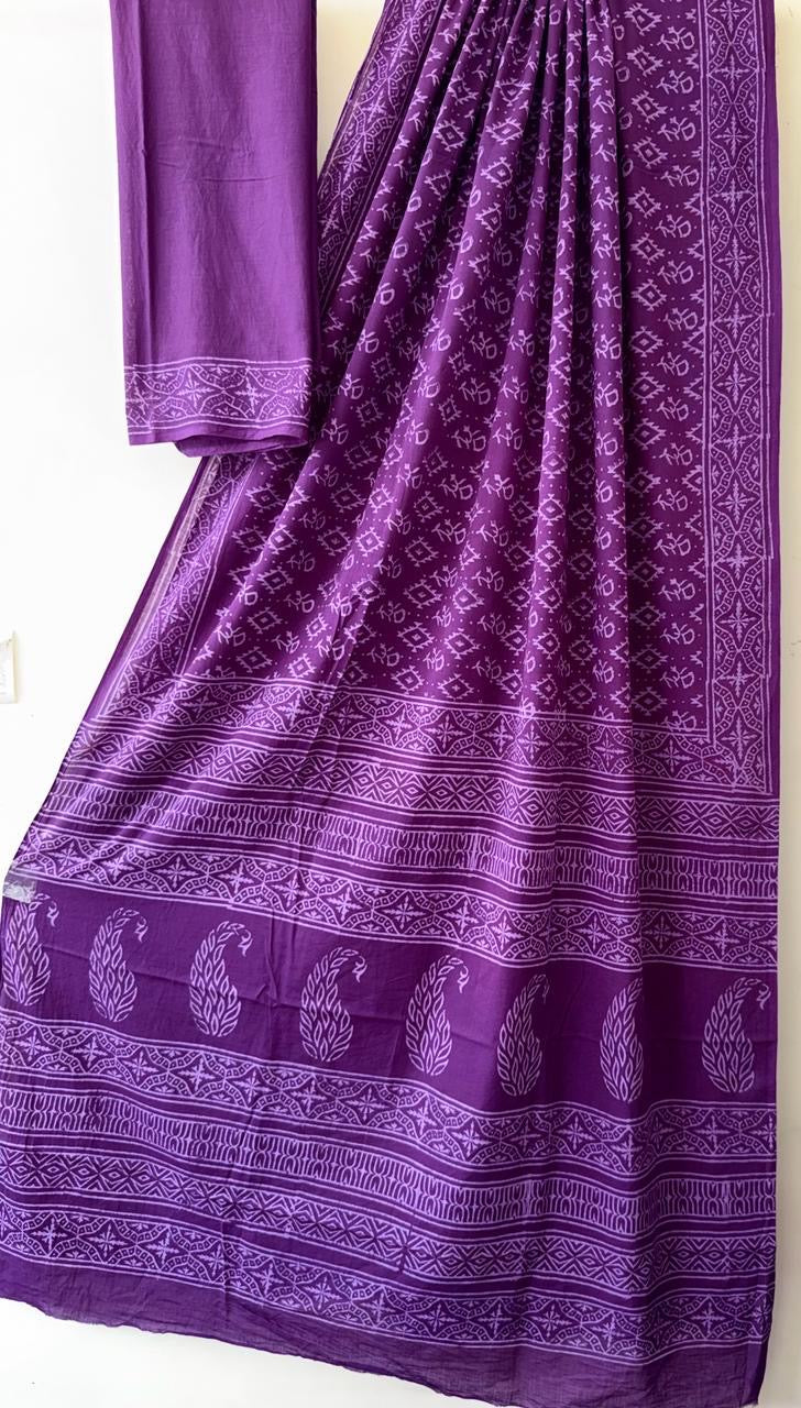 Purple Hand Block Printed Cotton Saree