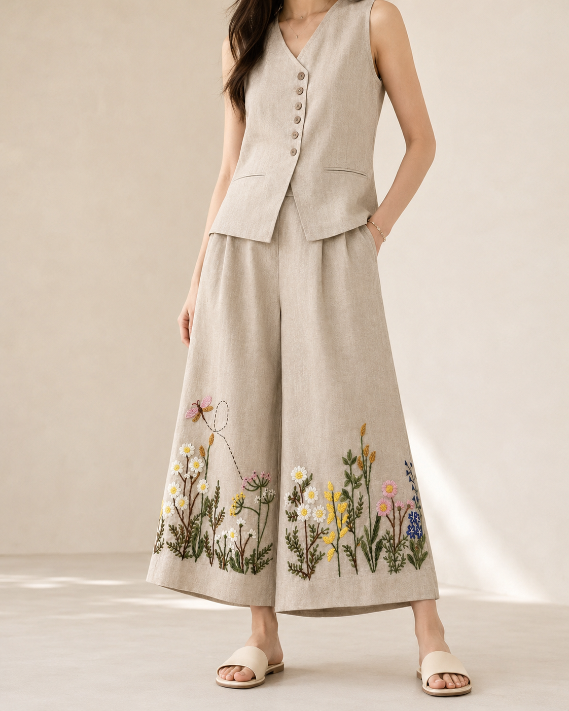 Beige Embroidered Vest and Palazzo Co-ord Set