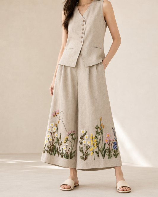 Beige Embroidered Vest and Palazzo Co-ord Set
