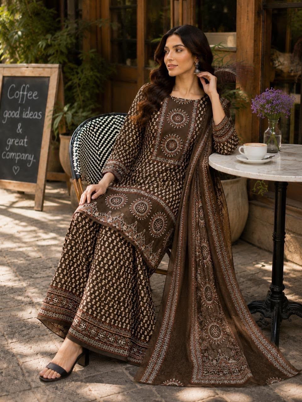 Block Printed Short Kurti with Flared Sharara & Dupatta Set