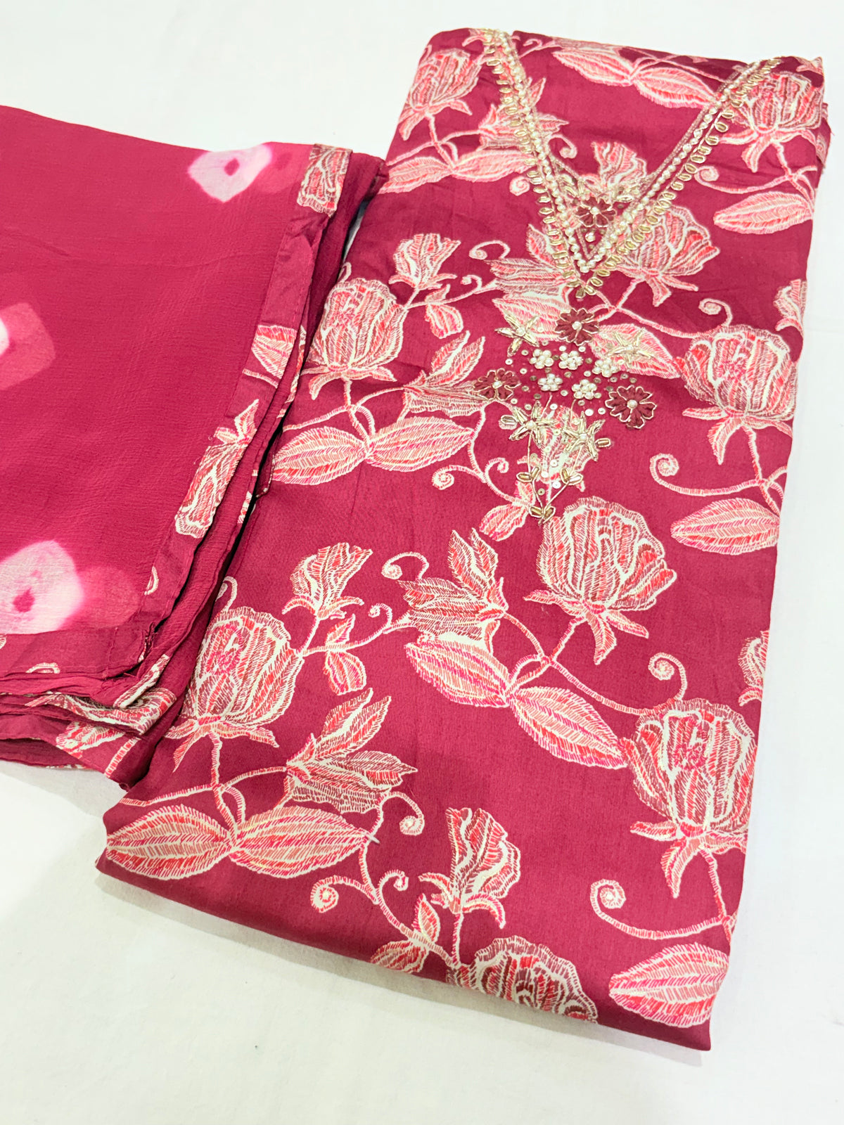 Plum Pink Floral Embroidered Semi-Stitched Suit with Dupatta