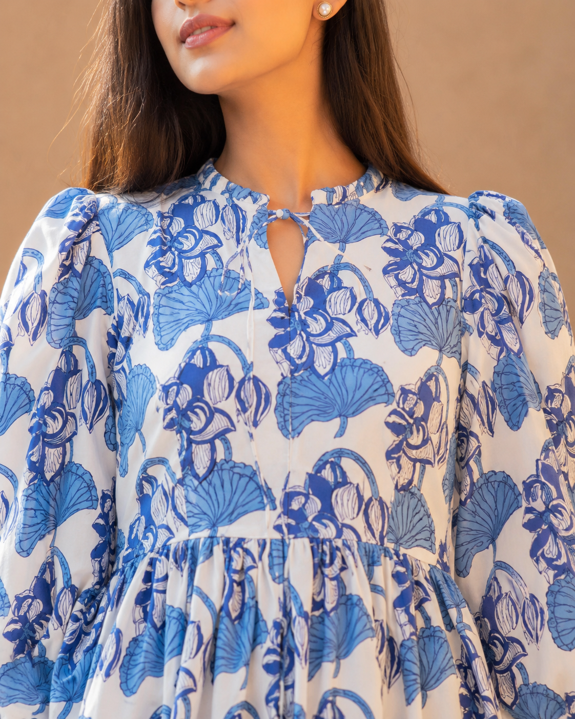 White Blue Floral Print A-Line Midi Dress for Women