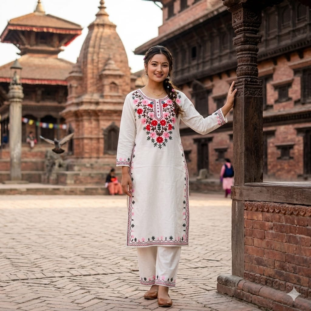 Off-White Floral Embroidered Straight Kurta & Trousers Set