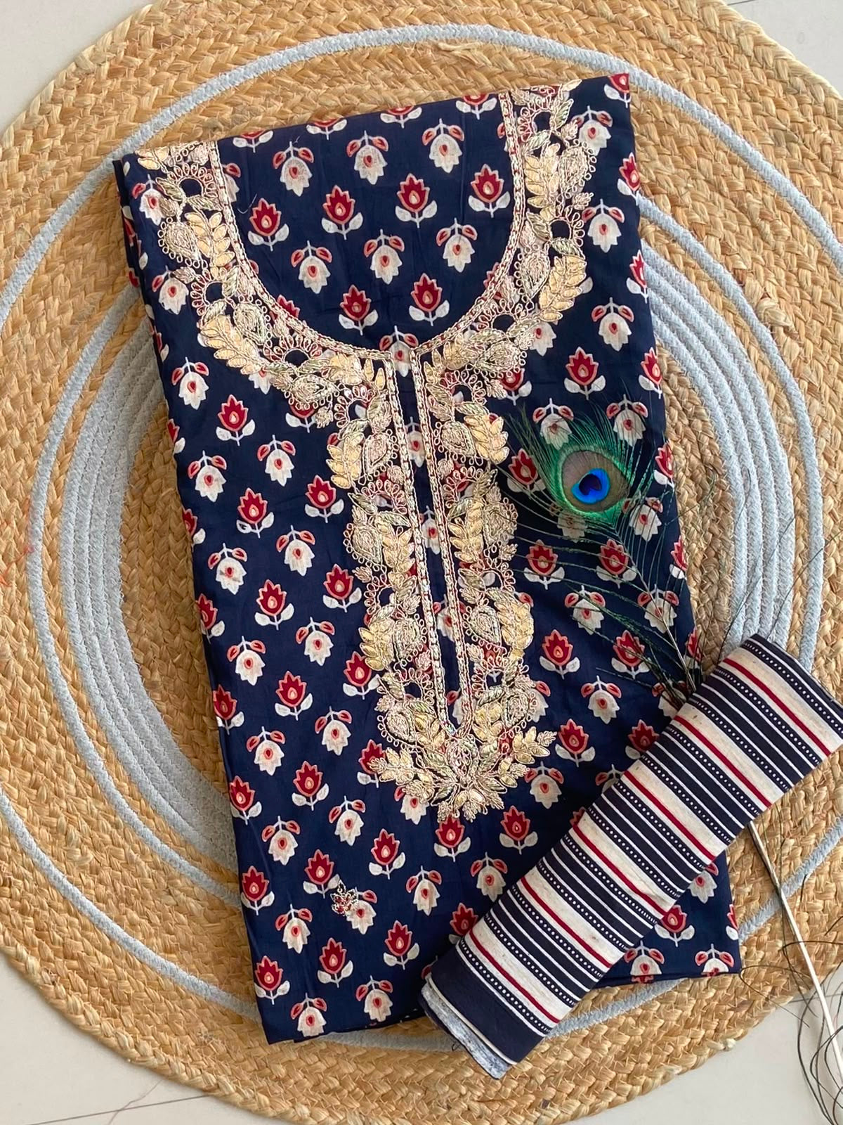 Midnight Blue Hand-Embroidered Cotton Ajrakh Print Top & Bottom Combo