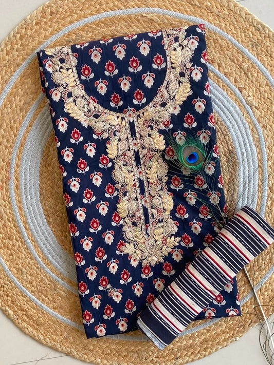 Midnight Blue Hand-Embroidered Cotton Ajrakh Print Top & Bottom Combo