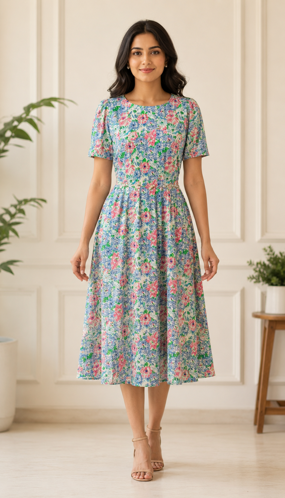 Multicolour Floral Print A-Line Midi Dress for Women
