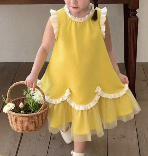 Girls' Bright Yellow Scalloped Ruffle & Tulle Layered A-Line Dress