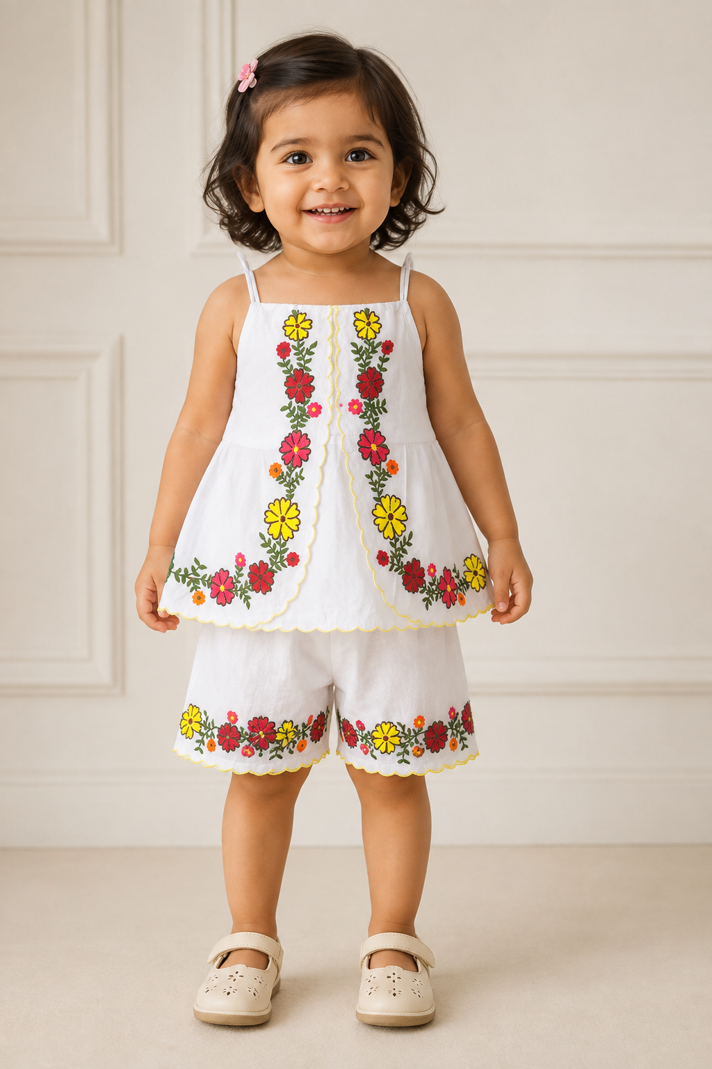 White Floral Hand-Painted Co-ord Set for Girls