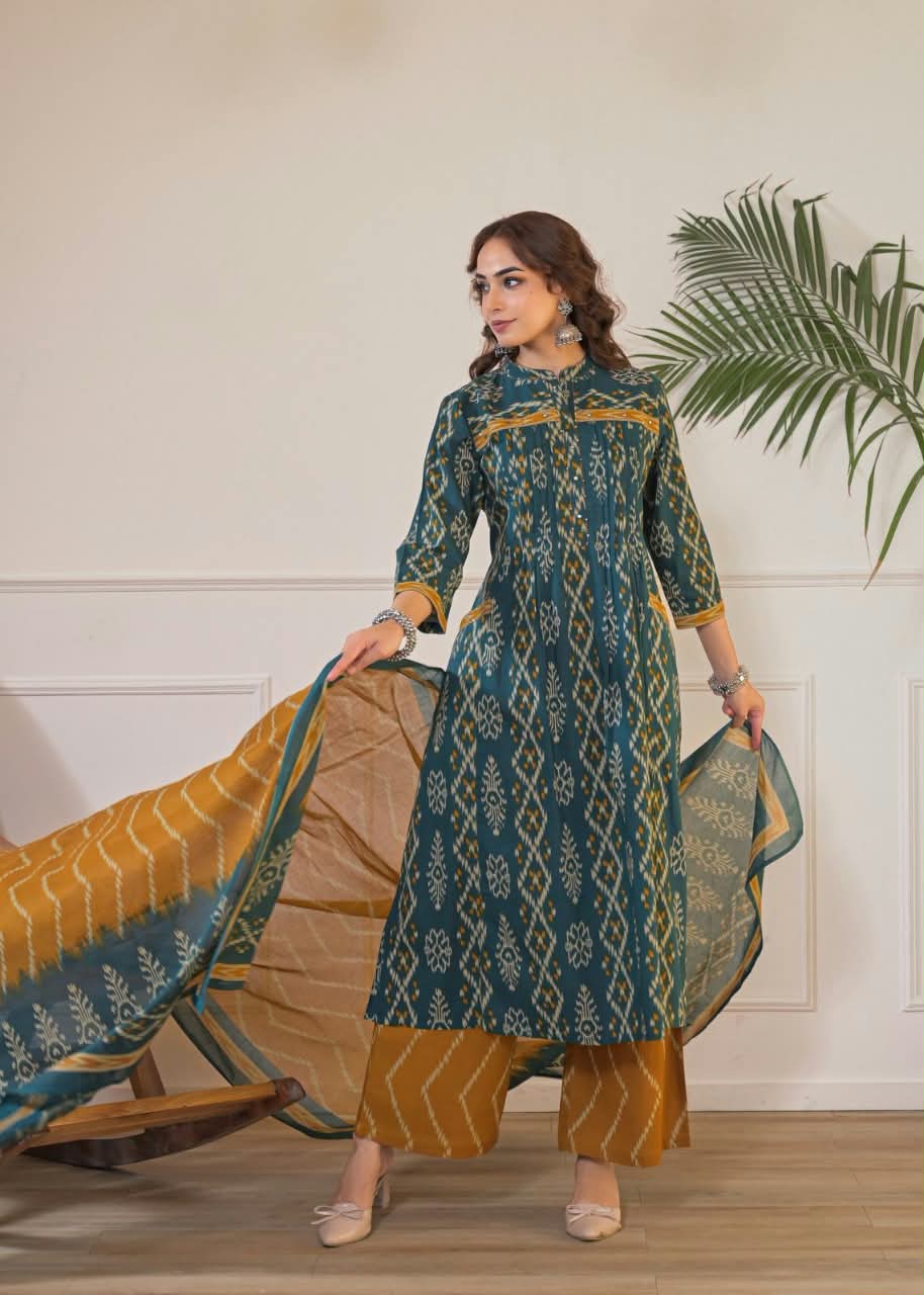 Teal Green Ikkat Printed Kurta Set with Pockets & Mustard Dupatta