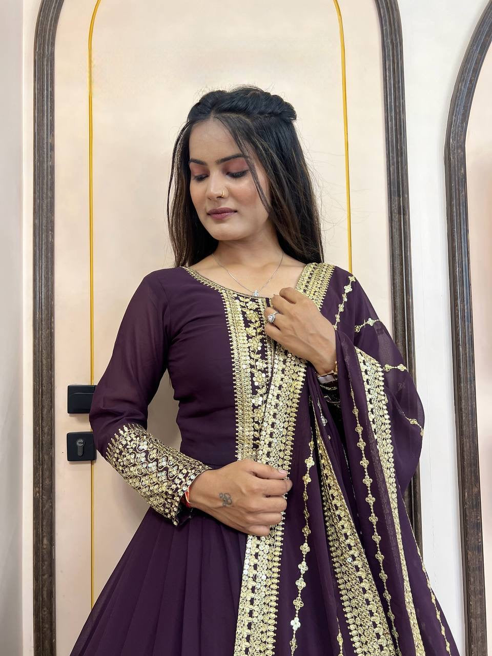 Heavy Zari & Sequin Embroidered Anarkali Gown with Dupatta Set