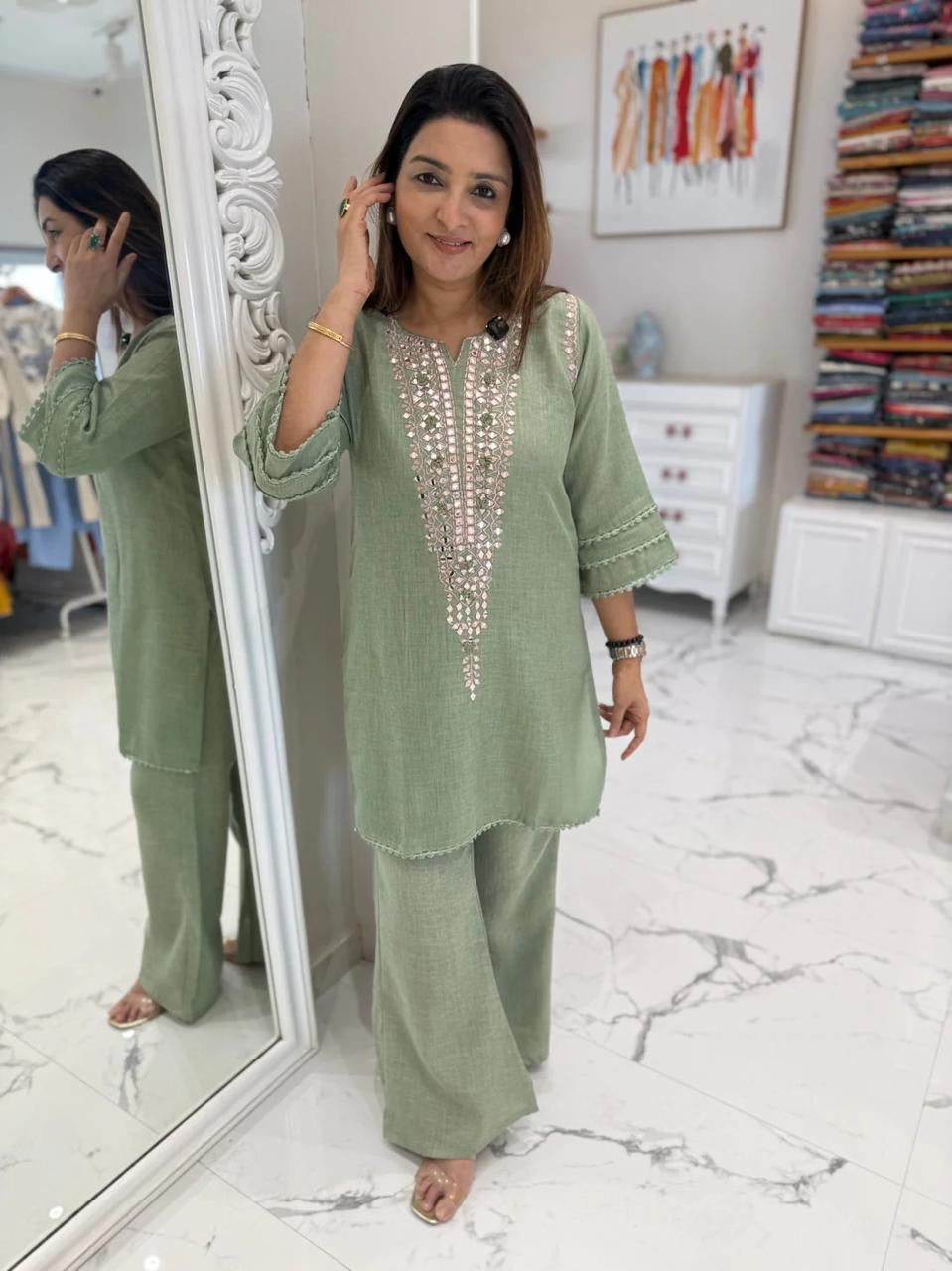 Sage Green Mirror-Embroidered Kurta & Palazzo Set