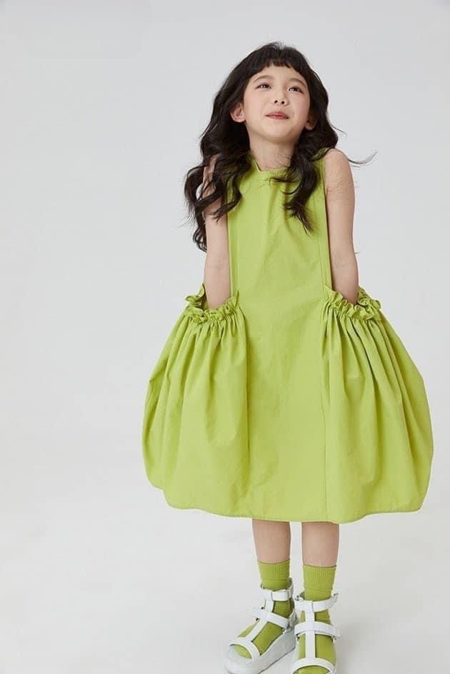 Girls' Lime Green Ruched-Pocket Bubble Dress