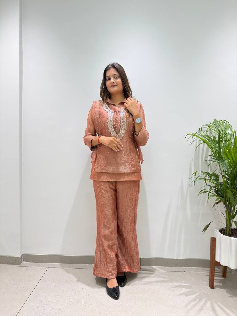 Textured Shimmer Co-Ord Set with Embroidered Vest