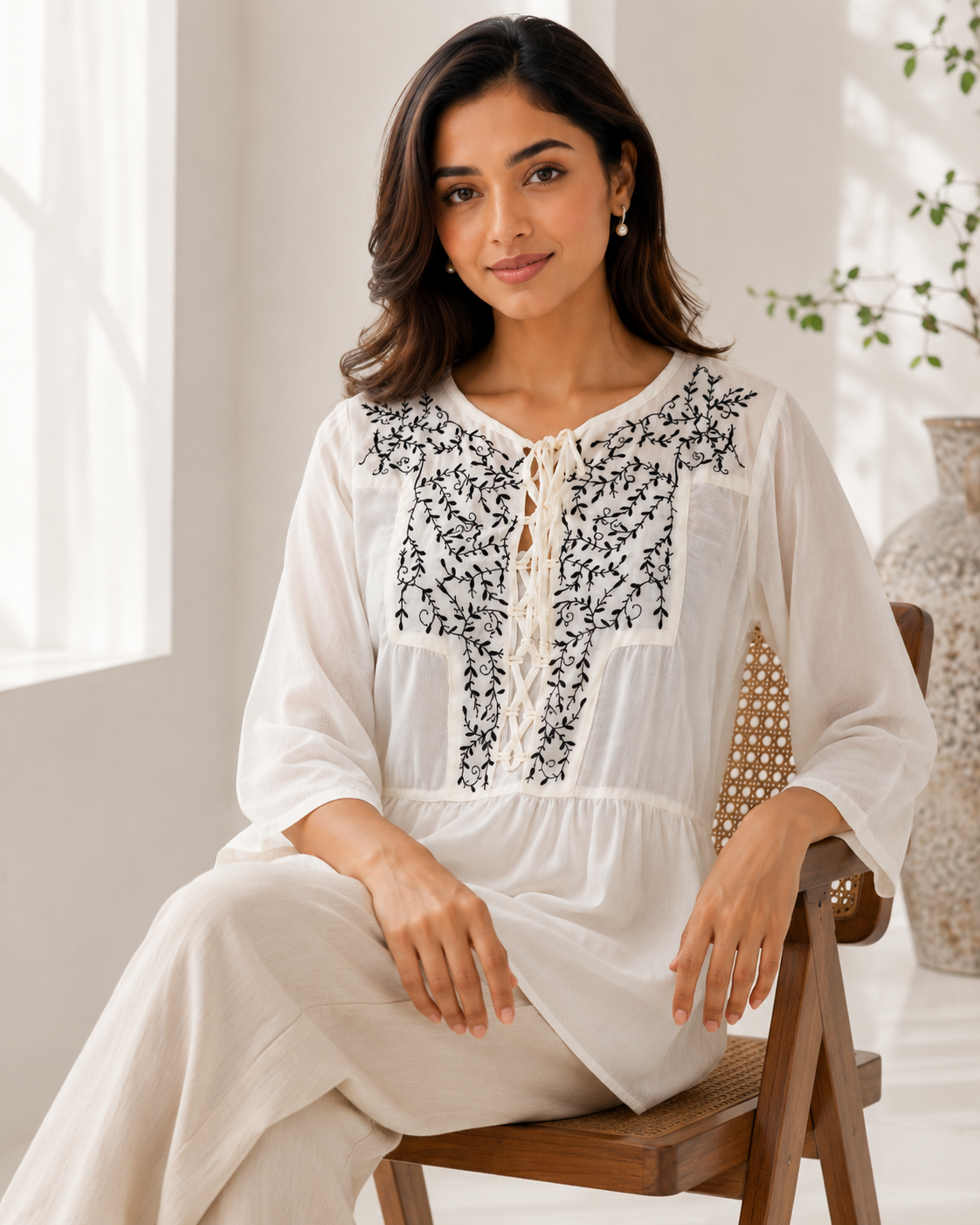 White Black Embroidered Lace-Up Tunic for Women