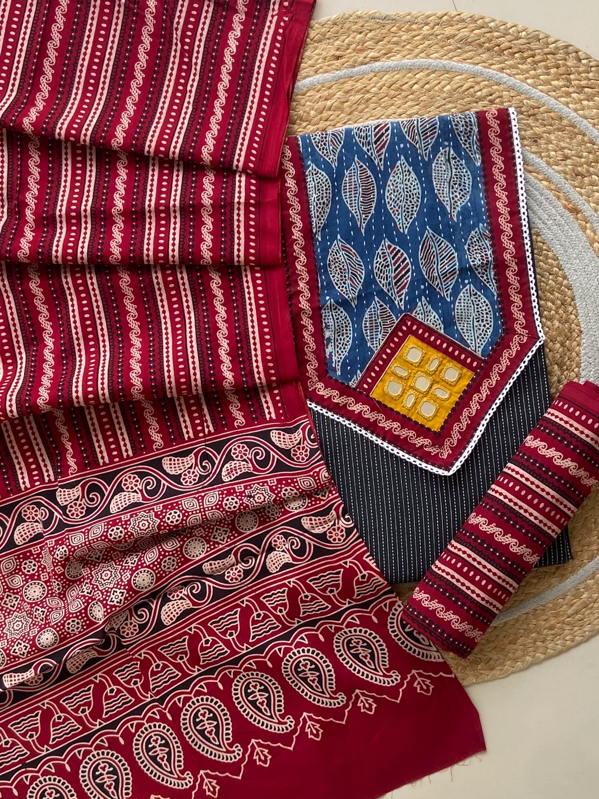 Ajrakh Mirror Work & Kantha Cotton Unstitched Suit Set