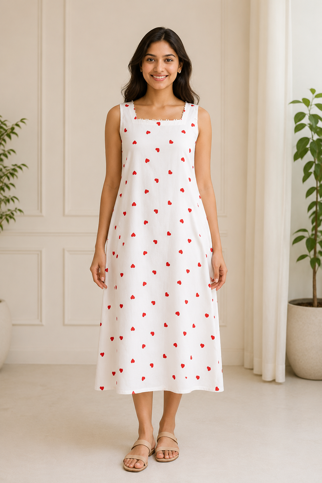White Red Heart Print Sleeveless Dress for Women