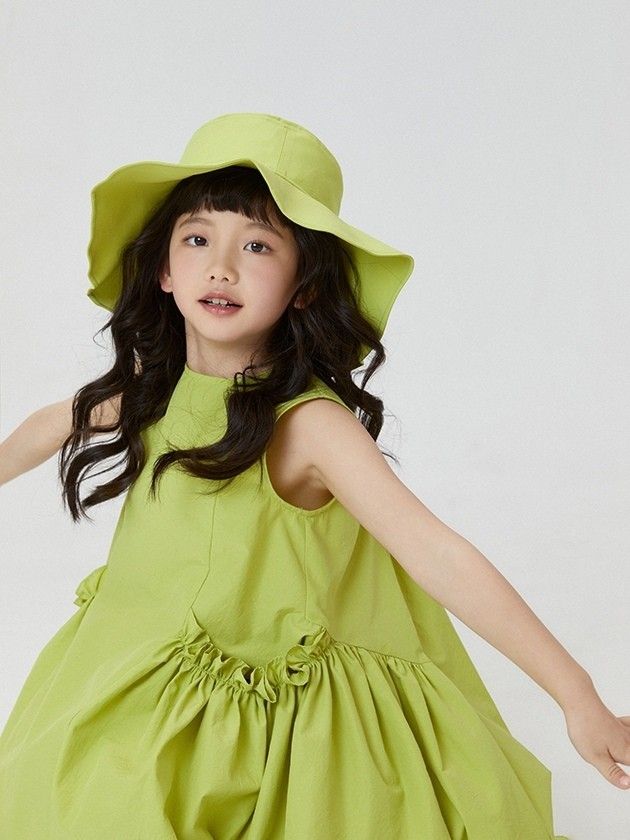 Girls' Lime Green Ruched-Pocket Bubble Dress