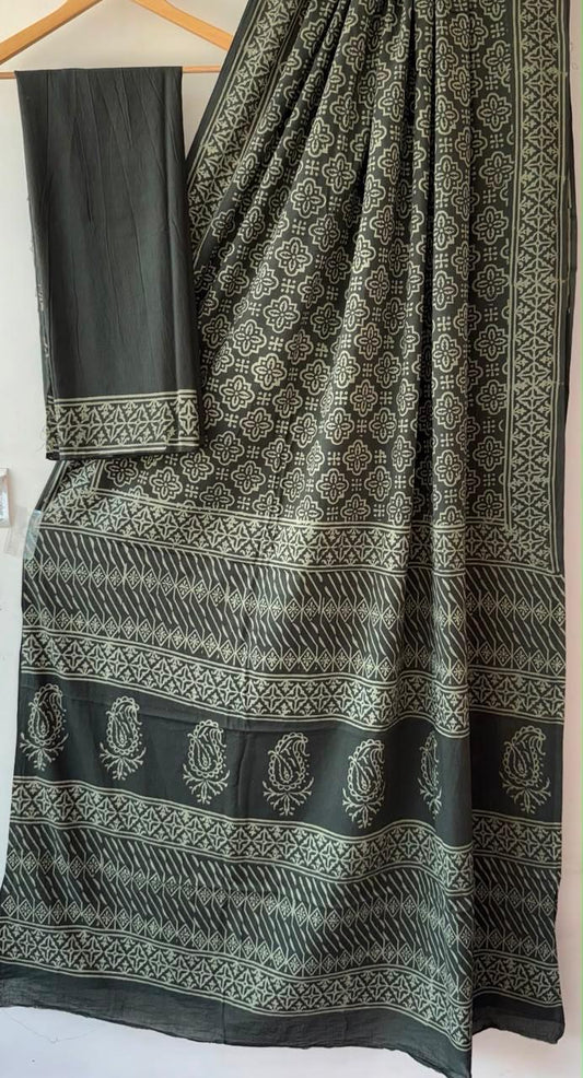 Green Hand Block Printed Cotton Saree