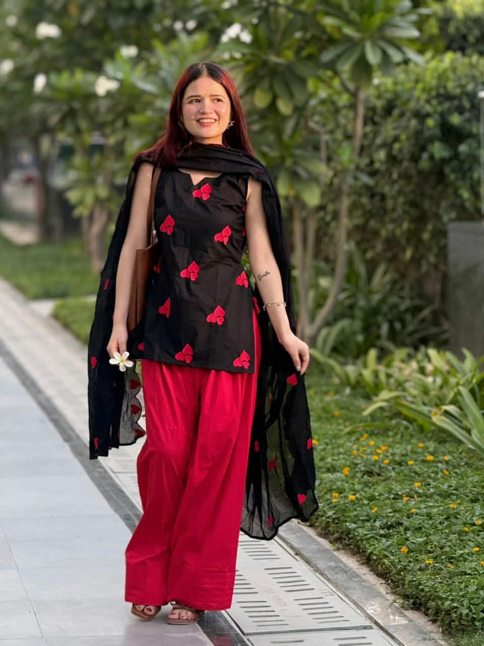 Black & Red Heart Embroidered Short Kurti Set with Farshi Salwar & Dupatta