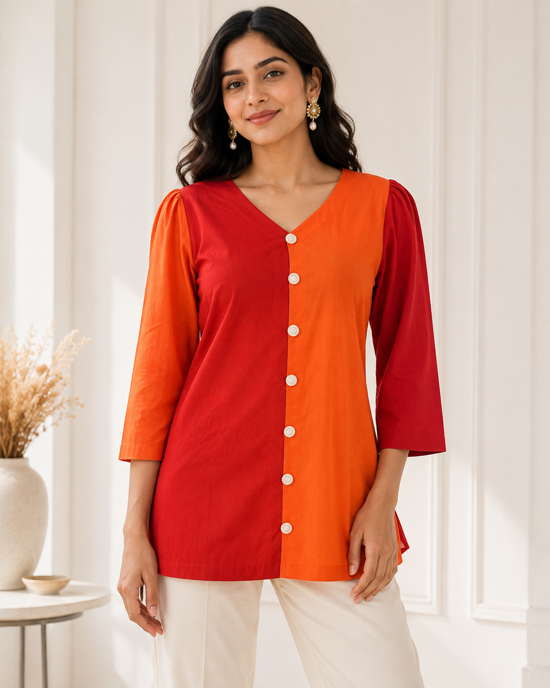 Red Orange Colour Block Button-Down Tunic for Women