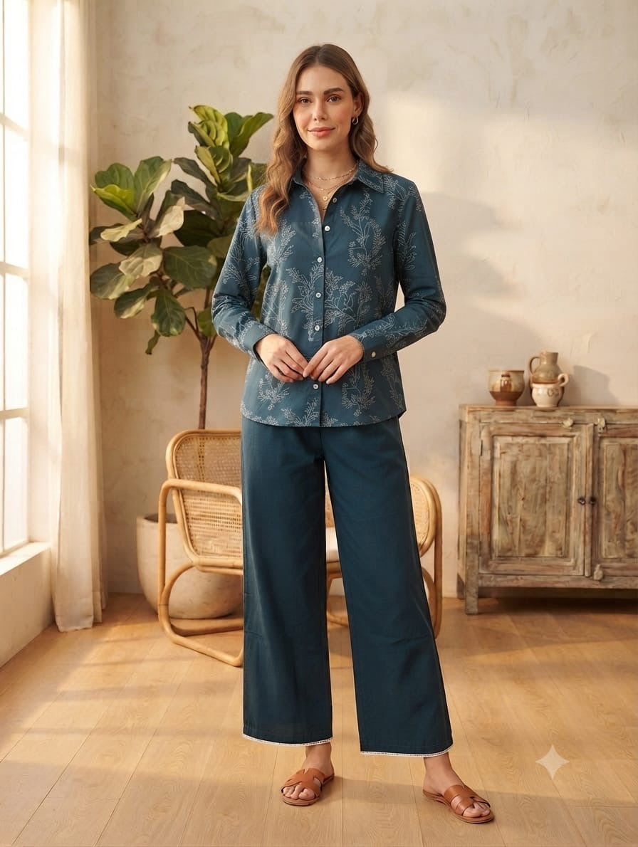 Blue Elegant Geometric Cotton Co-ord Set