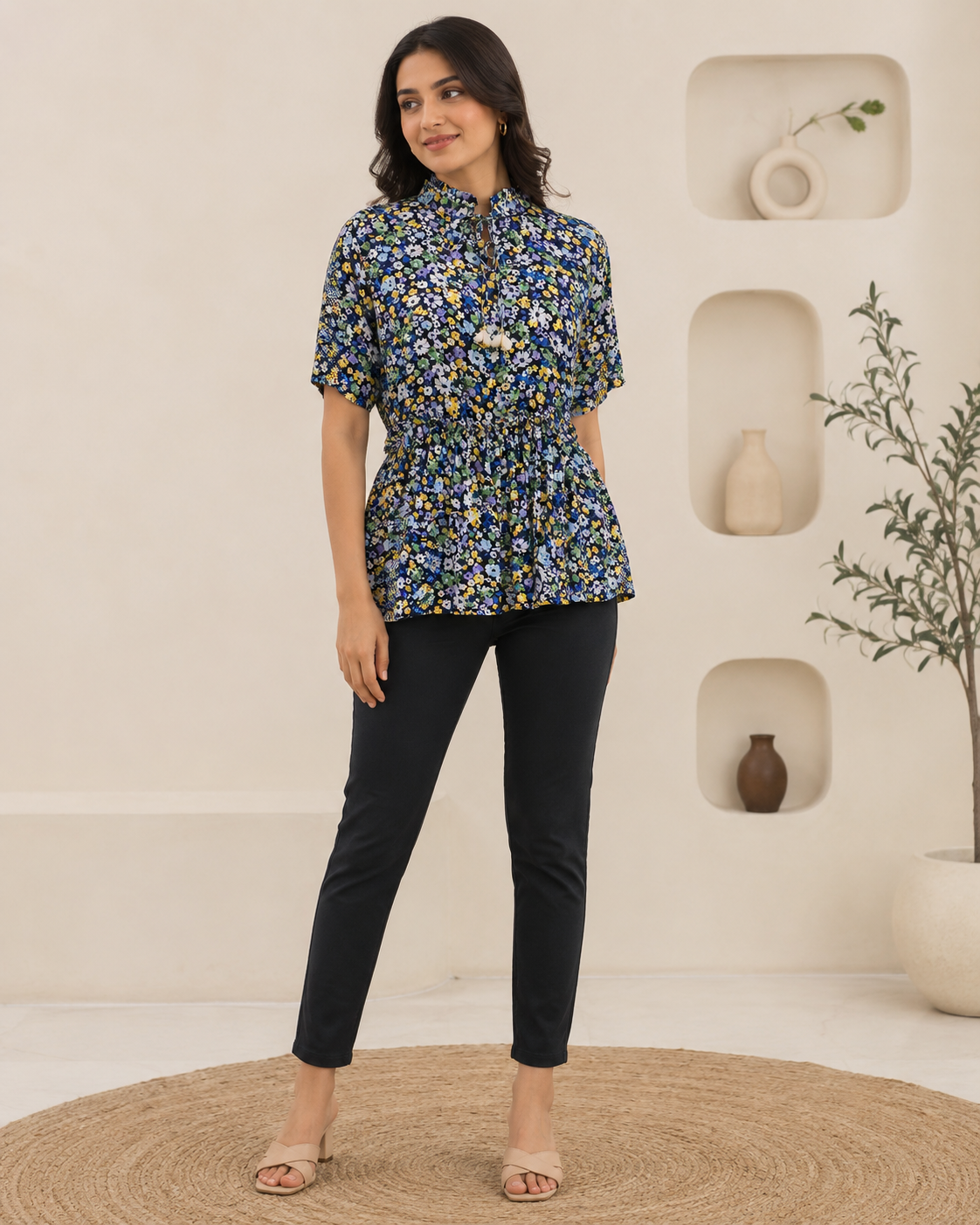 Navy Blue Floral Printed Peplum Top