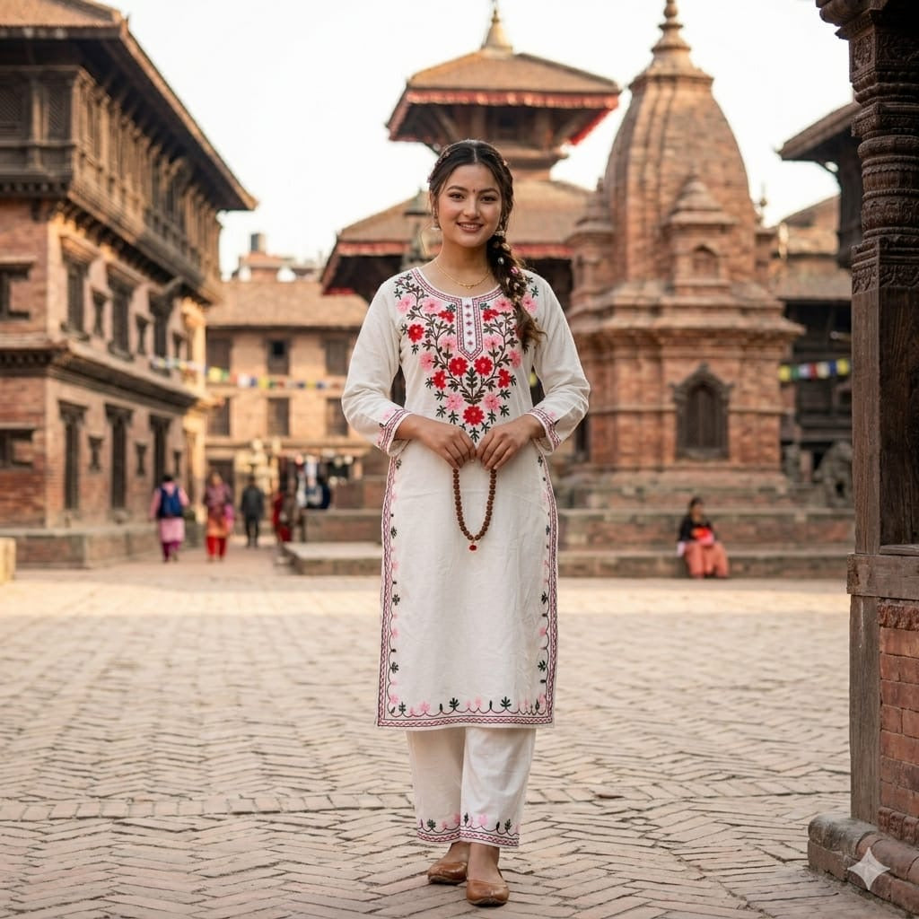 Off-White Floral Embroidered Straight Kurta & Trousers Set