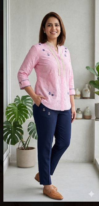 Pink Embroidered Cotton Tunic for Women