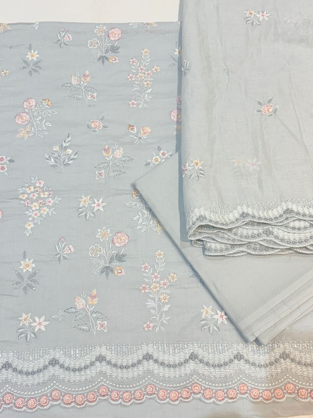 Powder Blue Floral Embroidered Semi-Stitched Suit with Dupatta