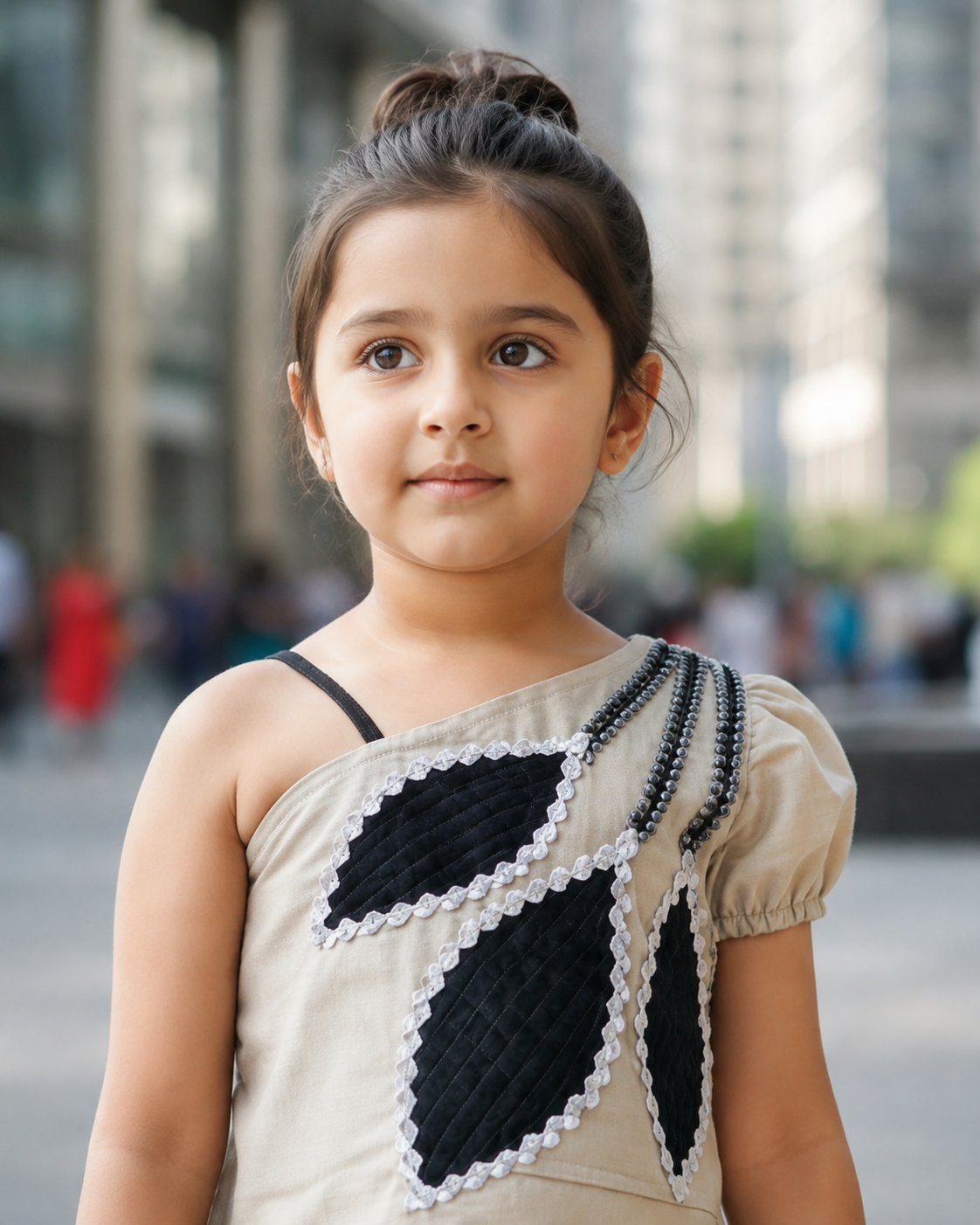 Beige Black Leaf Appliqué Co-ord Set for Girls