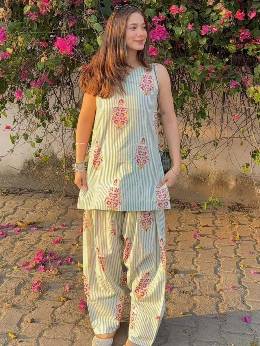 Mint Green Floral Striped Sleeveless Kurti & Farshi Salwar Set