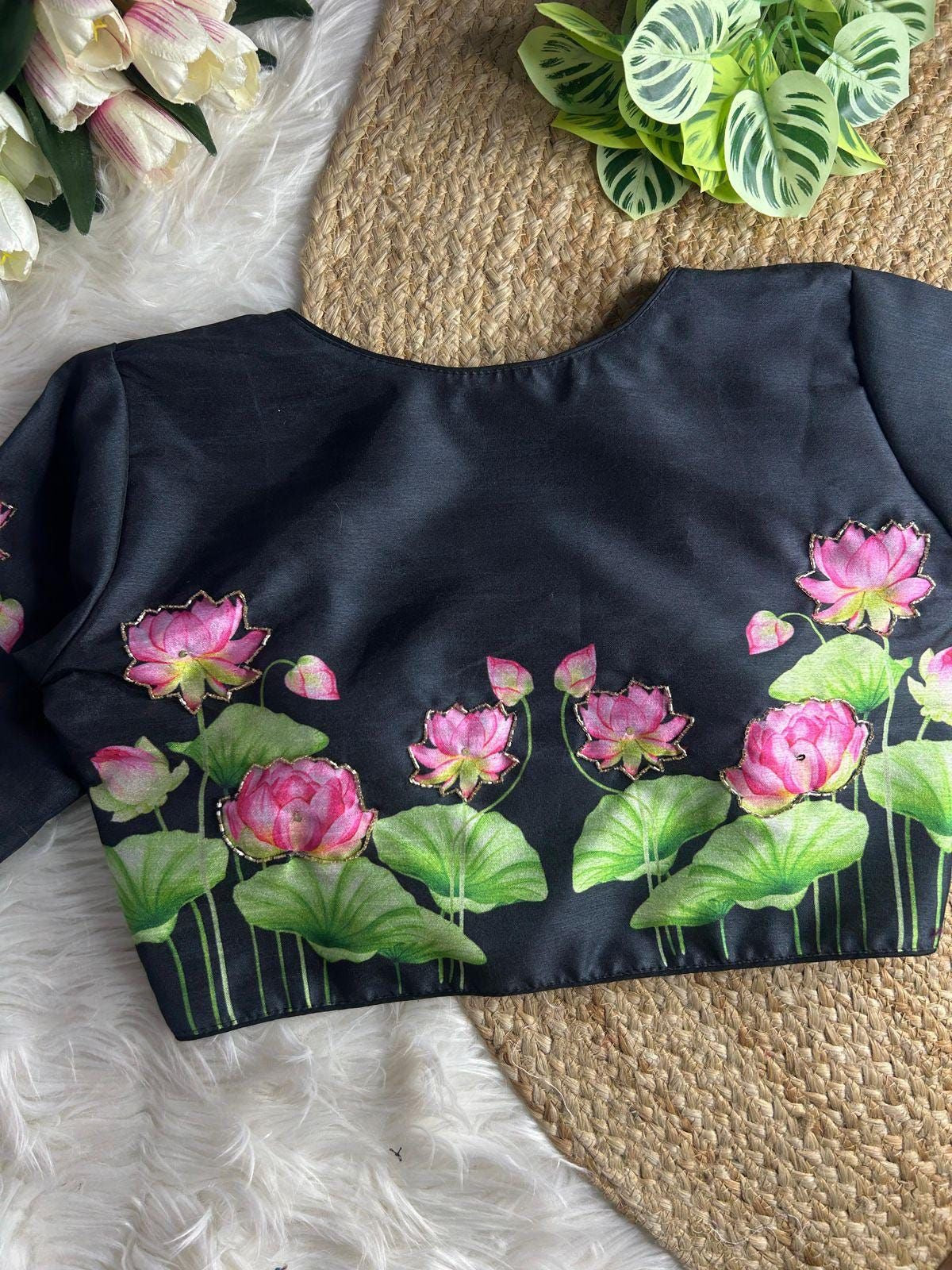Black Lotus Floral Printed Blouse Fabric with Embellished Detailing