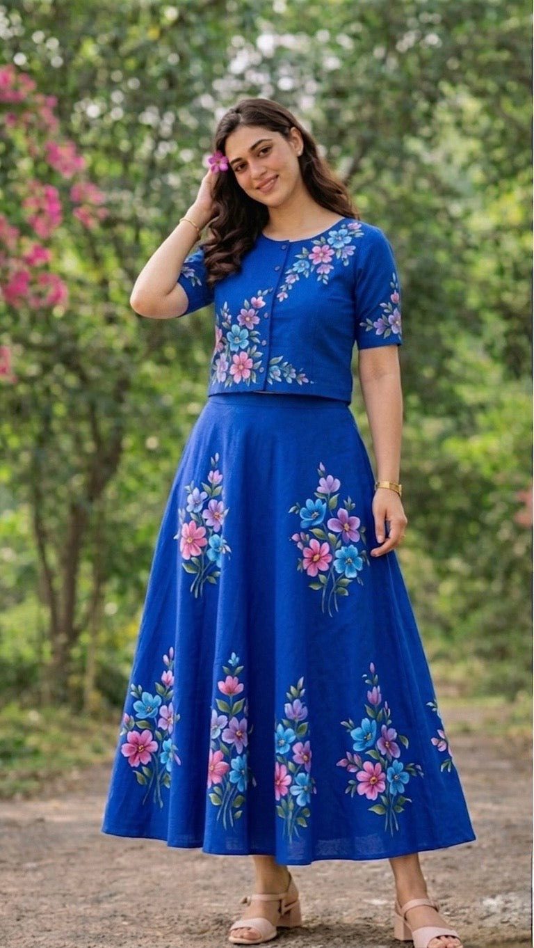 Royal Blue Floral Hand-Painted Linen Co-ord Set