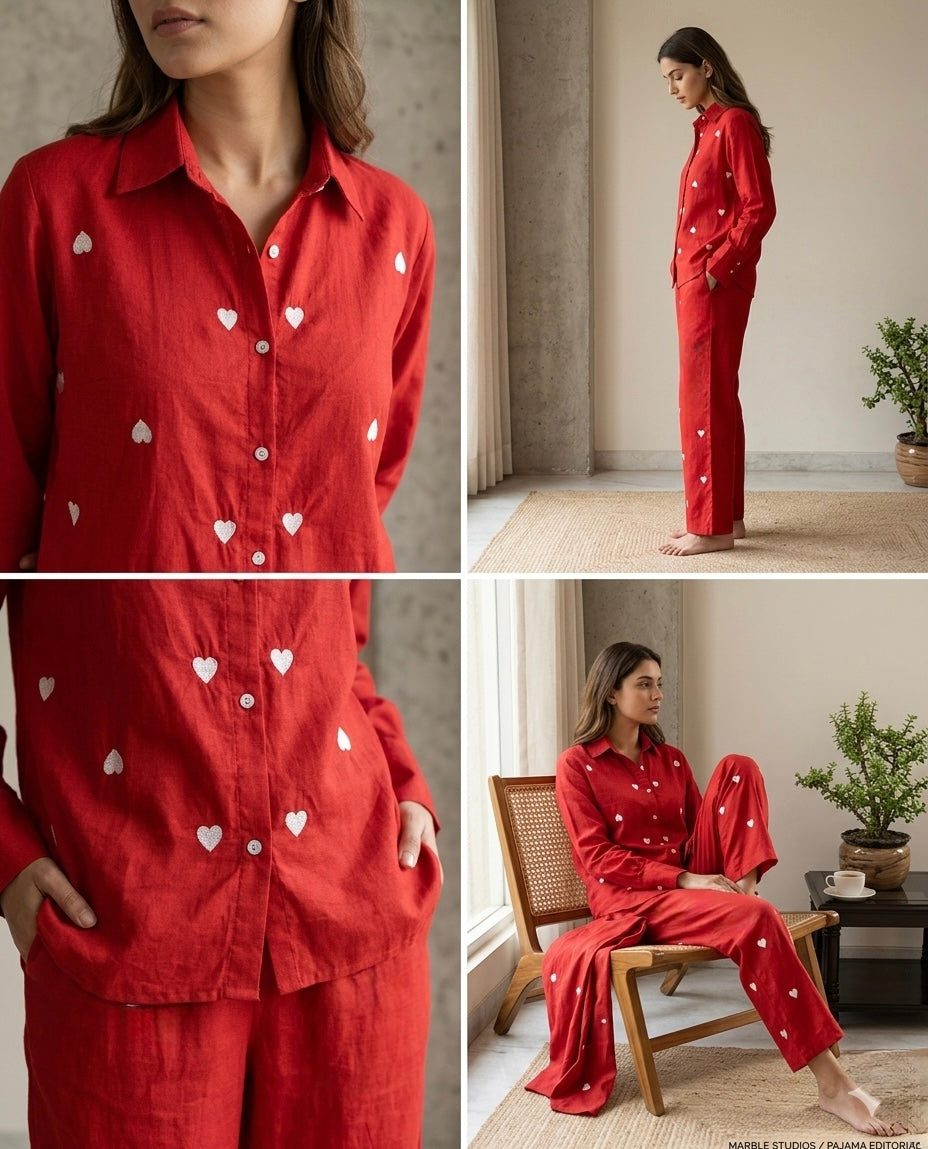 Red Heart Embroidered Cotton Co-ord Set
