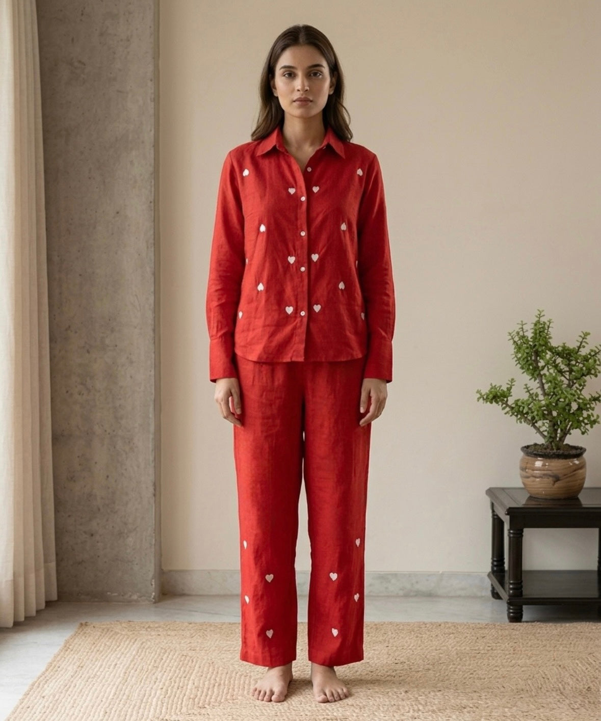 Red Heart Embroidered Cotton Co-ord Set
