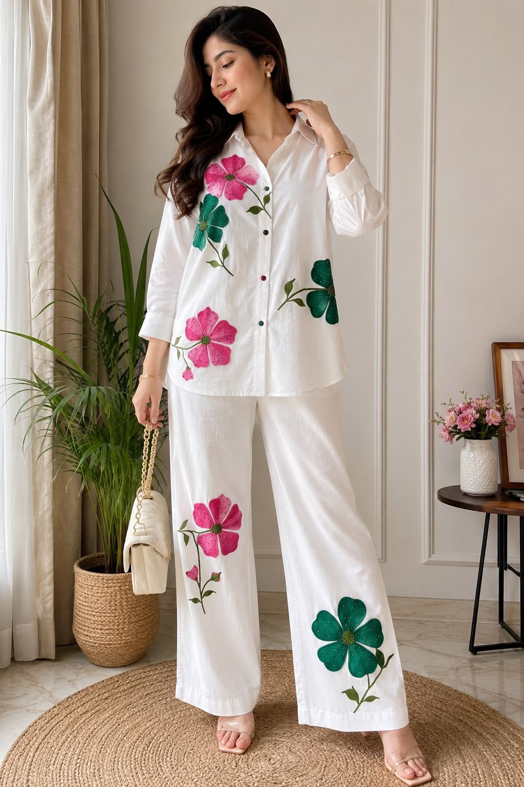 White Hand-Painted Floral Cotton Co-ord Set