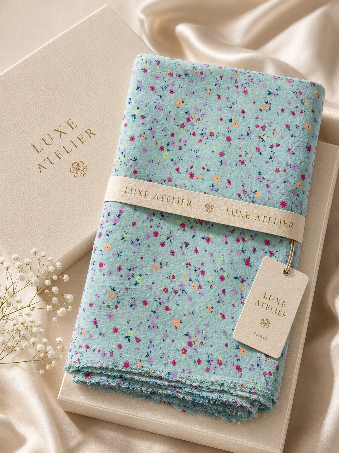 Luxury Aqua Blue Floral Ditsy Printed Cotton Crinkle Fabric
