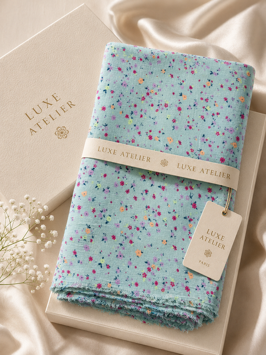 Luxury Aqua Blue Floral Ditsy Printed Cotton Crinkle Fabric