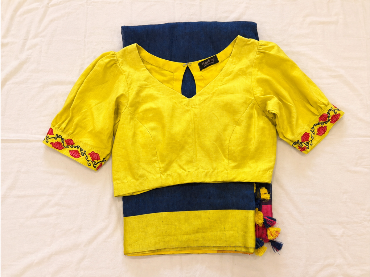 Hand-Painted Peacock & Lotus Yellow Pure Linen Blouse with Saree Set