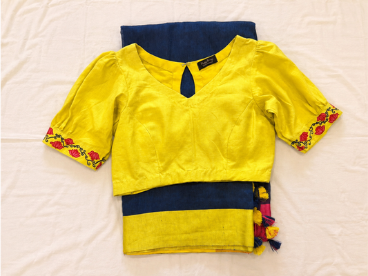 Hand-Painted Peacock & Lotus Yellow Pure Linen Blouse with Saree Set