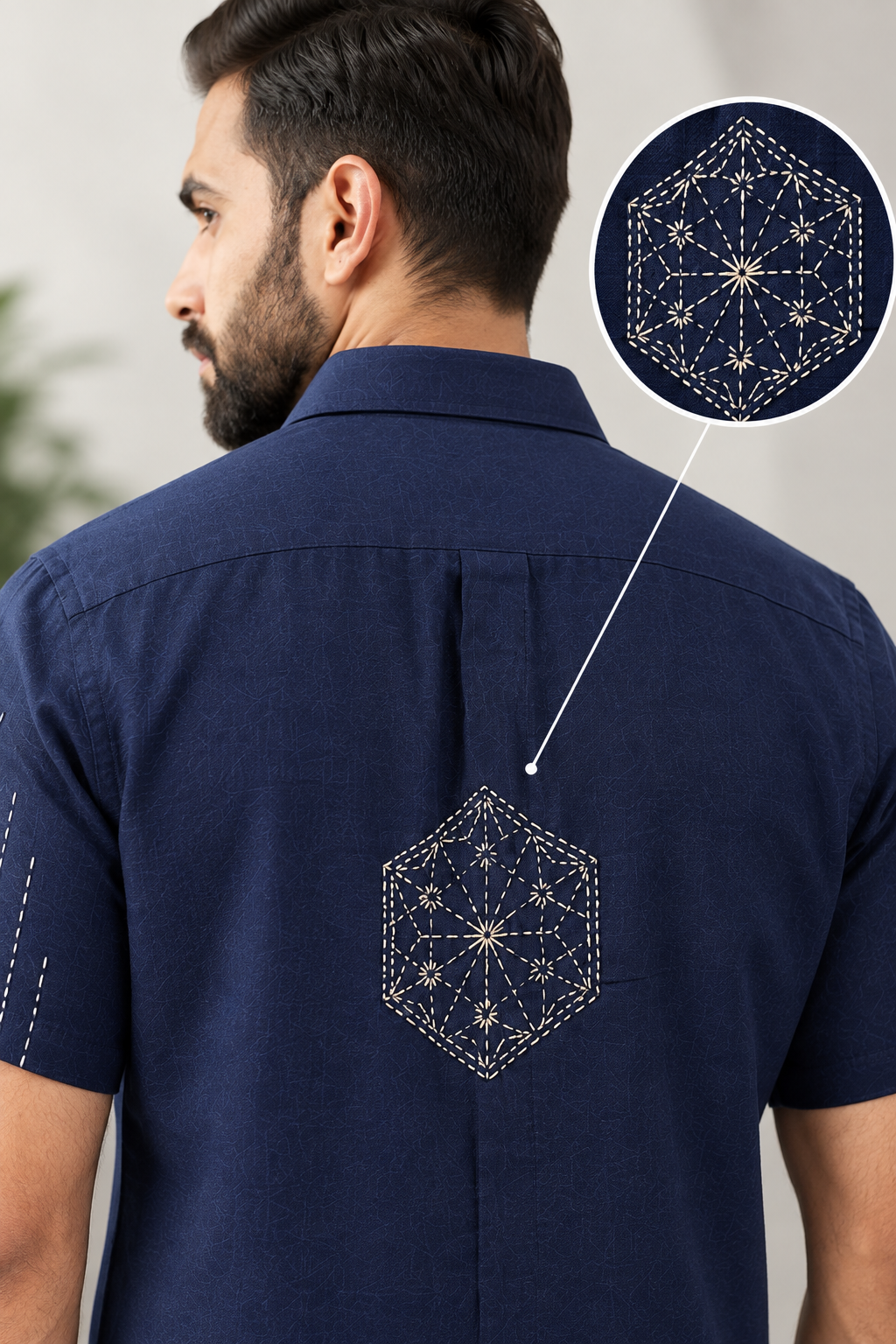 Embroidered Indigo Short-Sleeve Shirt
