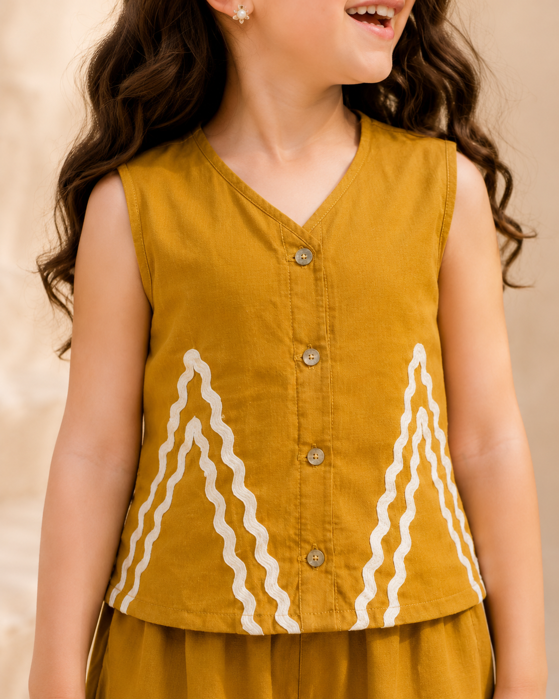 Mustard Wave Detail Wide-Leg Co-ord Set for Girls