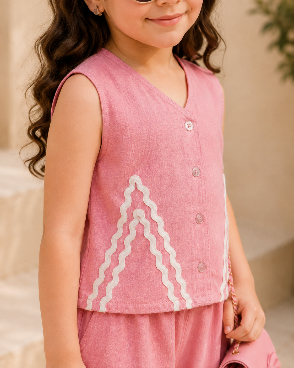 Pink Wave Detail Wide-Leg Co-ord Set for Girls