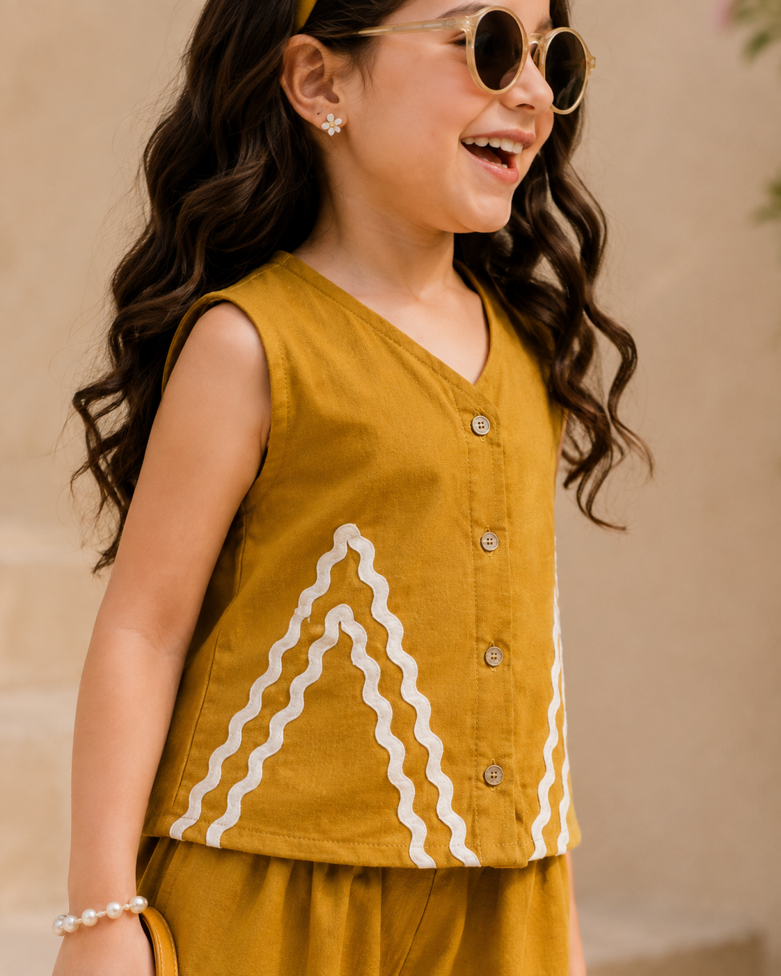 Mustard Wave Detail Wide-Leg Co-ord Set for Girls