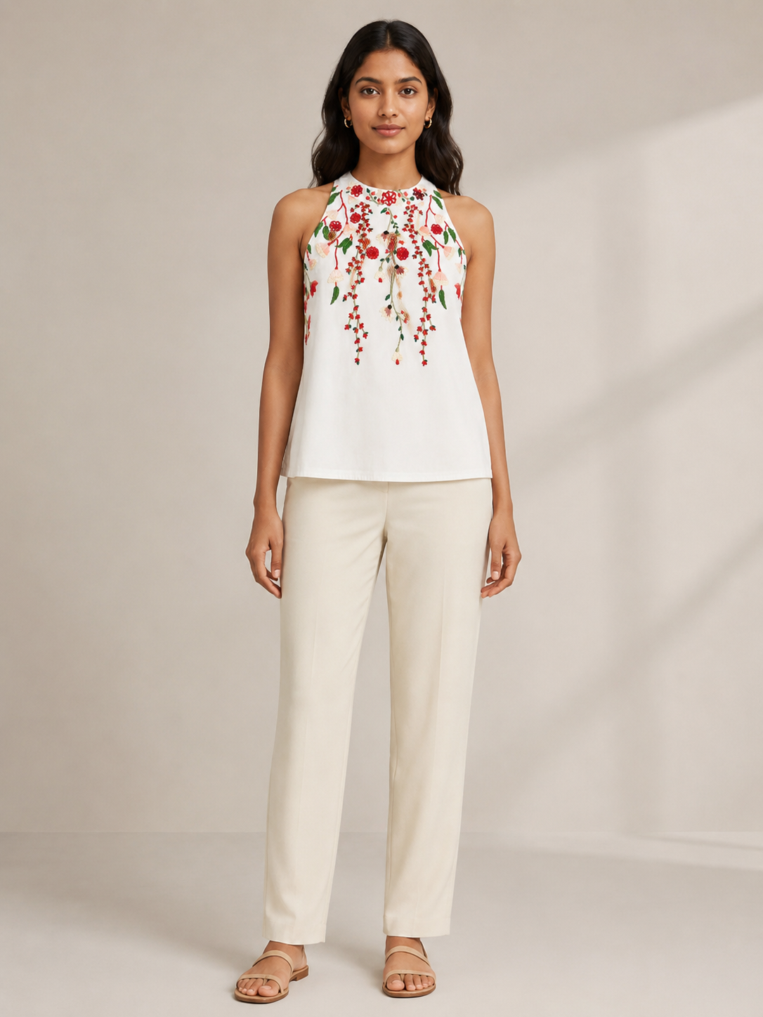 White Floral Hand Embroidered Sleeveless Cotton Top