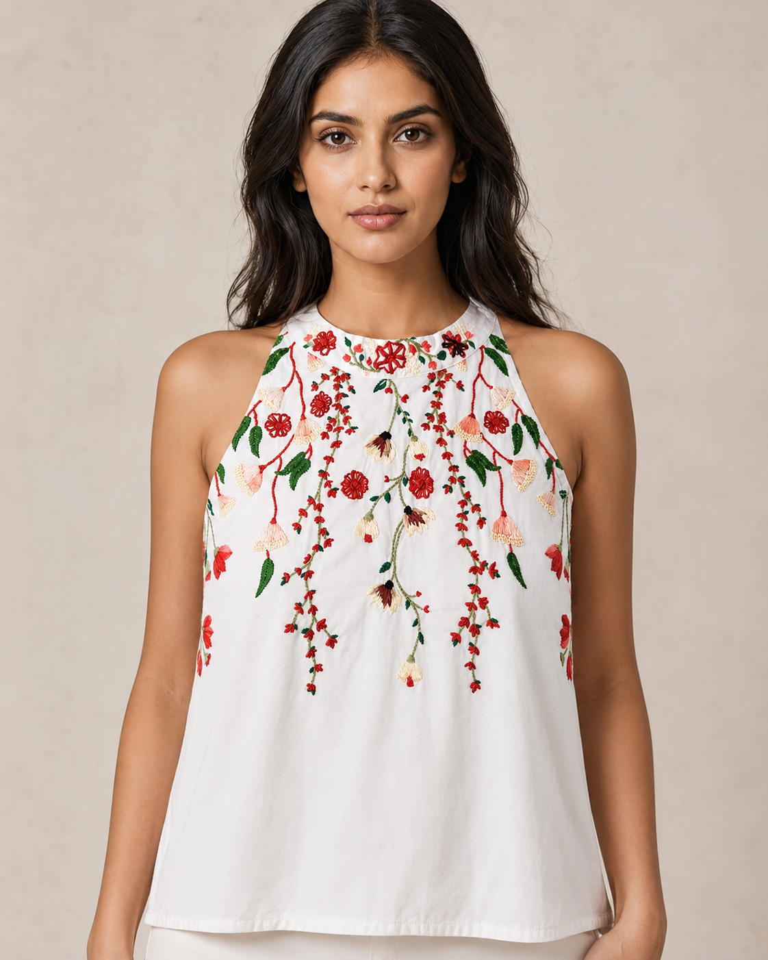 White Floral Hand Embroidered Sleeveless Cotton Top